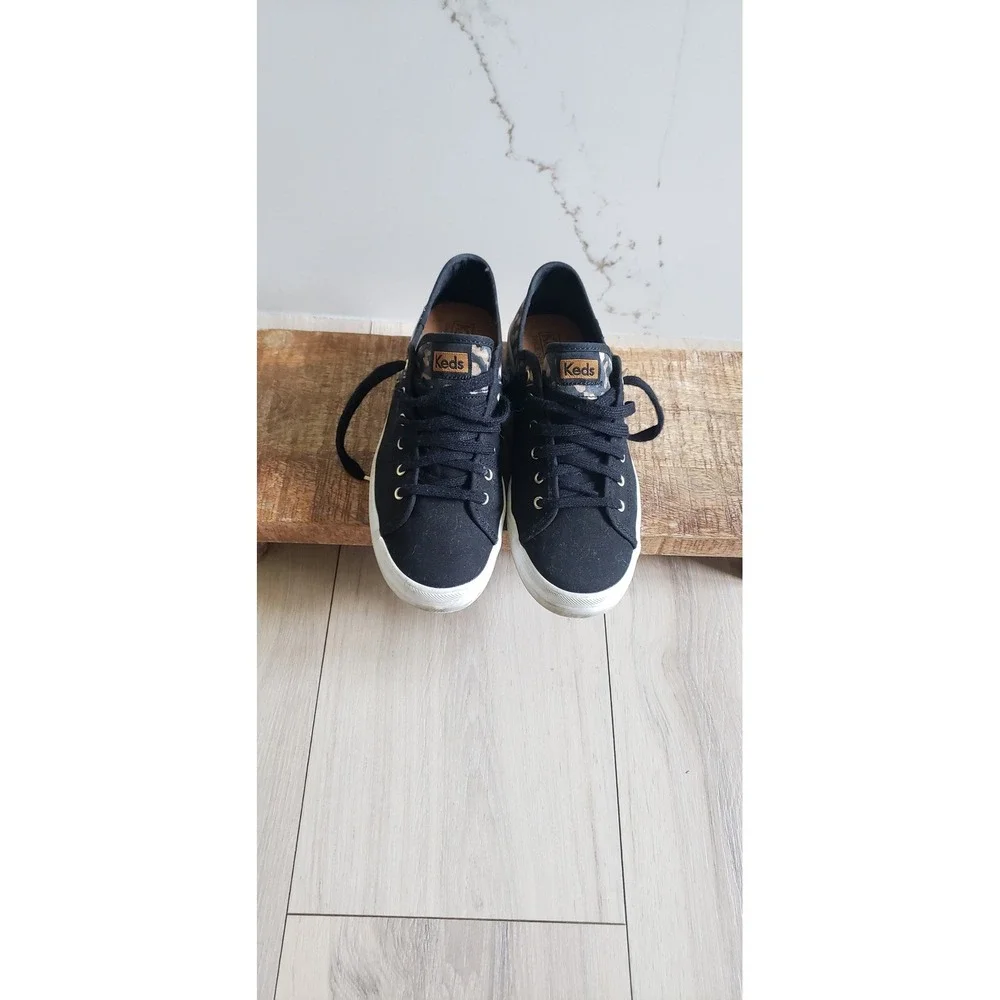 Keds Kickstart Sneakers Womens 7.5 Black Leopard‎ Print Low Top Lace Up Gold